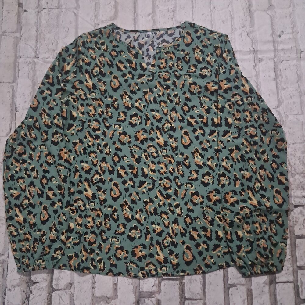 Women's Large Blouse Leopard Animal Print Green Bohemian Festival Long Sleeve